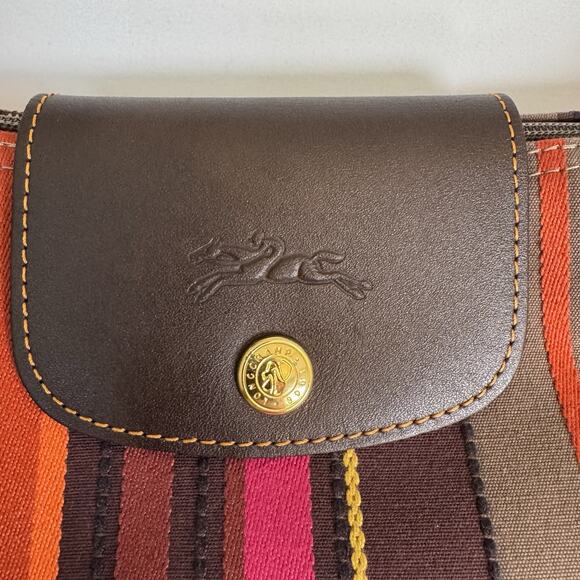 Longchamp Women’s Shoulder Bag Canvas Brown Gold Striped Tote Purse France Rare - Picture 3 of 12